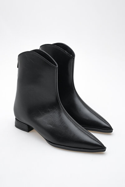 Long Star Kadın Suni Deri Sivri Burun Kısa Topuklu Kovboy Fermuarlı Günlük ve Ofis Bot Siyah