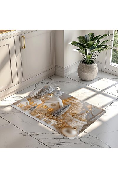 Şah Dekor New Year Themed Christmas Themed Gold Patterned Non-Slip Base 50X70 Digital Printed Doormat