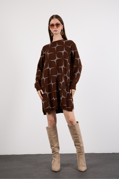 Moda Days Women's Bitter Brown Yan Slit Crew Neck Glitter Patterned Knitwear Blouse