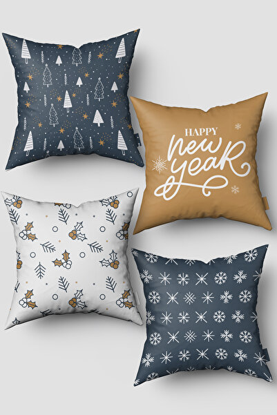 EsnafAli Navy Blue Yellow Pine Tree and Snowflakes Christmas Set of 4 Throw P...