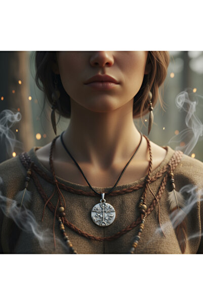 Alooya Türk Kam - Şaman Davulu Gümüş Kaplama Deri İp Kolye