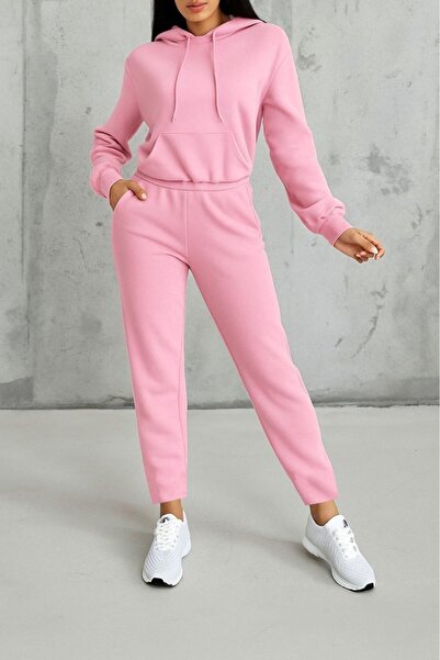 Giyimodam Women's Long Sleeve Hooded Lace-Up Three Thread Blouse and Pants Two-Piece Suit