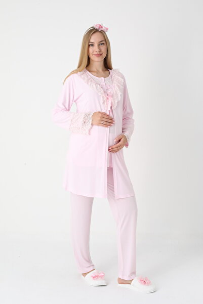Lohussa Women's Pink Lace Buttoned Winter Special Design Maternity Pajama Set