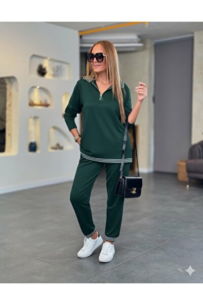 JANES Women's Long Sleeve Zipper Stripe Detail Patterned Top and Bottom Two-Piece Viscose Two-Thread Set