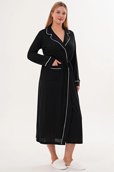 Lohussa Women's Black Piped Belted Pocket Shawl Collar Special Design Cotton Long Dressing Gown