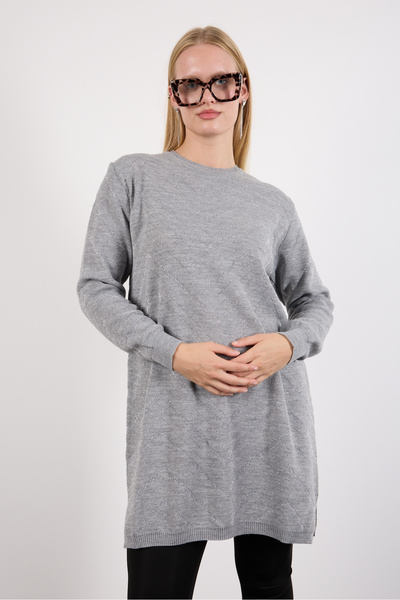 Clothes Fast Women's Gray Side Slit Crew Neck Glitter Patterned Knitwear Blouse