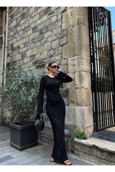 Lovely butik فستان تريكو طويل أسود اللون يلتف حول الجسم للنساء