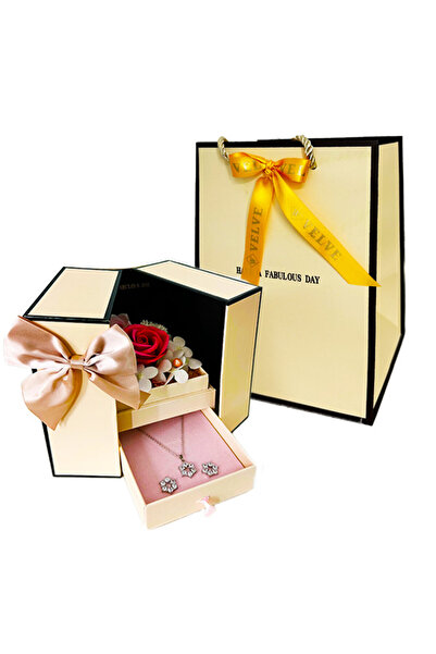 velve Jewelry box, earrings, pendant with semi-precious stones, roses, soap foam flowers, Pink