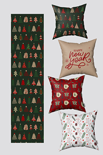 EsnafAli Noel Temalı Kırmızı Bej Renkli Çam Ağaçları Yılbaşı 4 Kırlent Kılıfı 1 Runner Seti