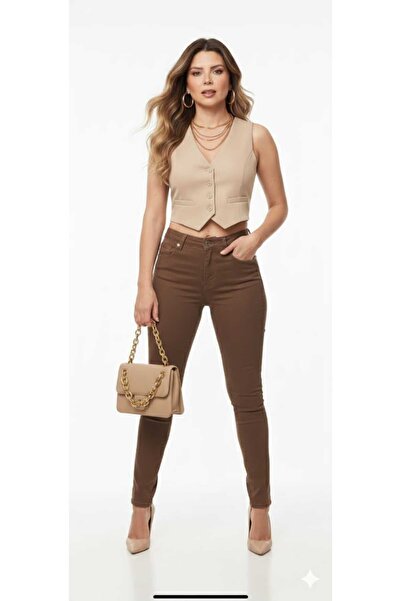JILLY Elisa Dar Paça Likralı Rahat Kahve Skinny Jeans