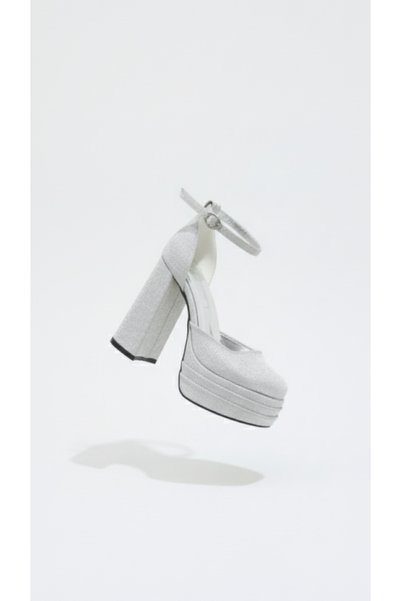 sanbara Silver Glitter Ankle-Strap Double Platform Chunky Heel Evening Dress Wedding Shoes 12cm