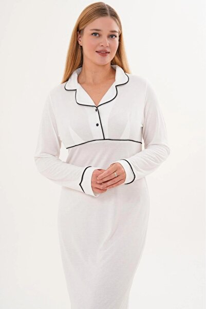 Lohussa Women's Ecru Piped Special Design Long Sleeve Maternity Nightgown wit...