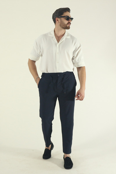 EydaMoon Men's Stretch Fabric Elastic Waist Lace-Up Striped Ankle Length Side Pocket Jogger Pants