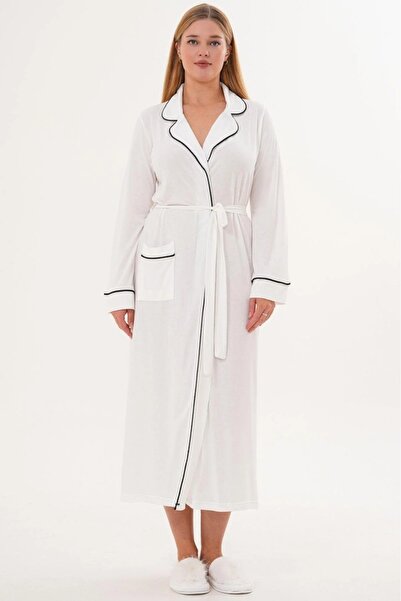 Lohussa Women's Ecru Piped Belted Pocket Shawl Collar Special Design Cotton Long Dressing Gown