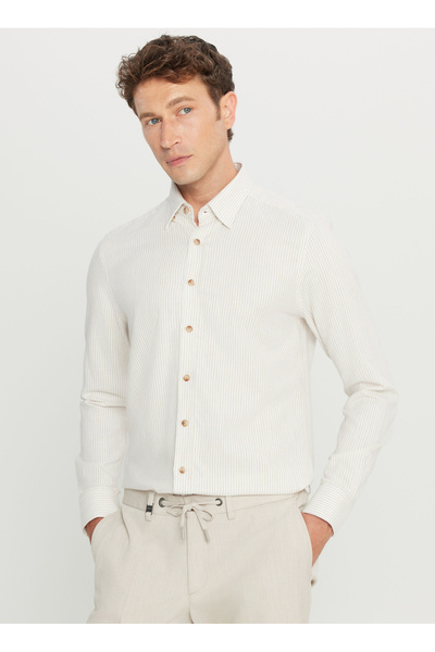 ALTINYILDIZ CLASSICS Slim Fit Düğmeli Yaka Ekru Melanj Erkek Gömlek ACE020261272_EBJ