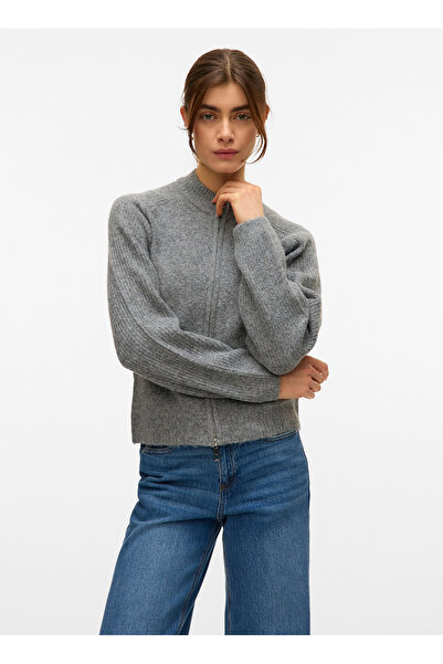 Vero Moda Fermuarlı Yaka Normal Gri Kazak Kadın VMBANG LS HIGH NECK ZIP CARDIGAN BO