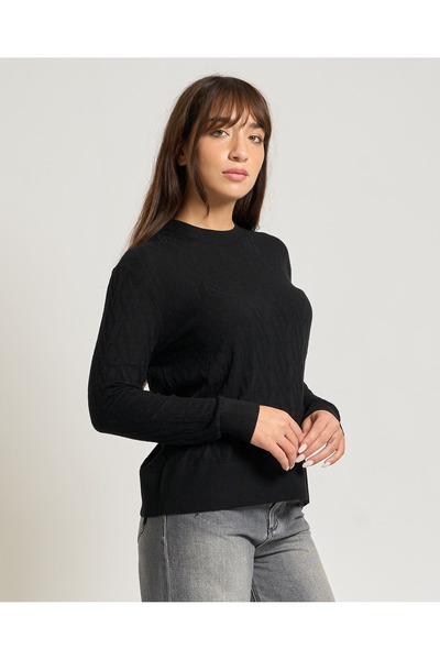 Armani Exchange Women's Regular Fit Round Neck Patterned Cotton Knitted Black Sweater Xw001317 Af16619-Fc101