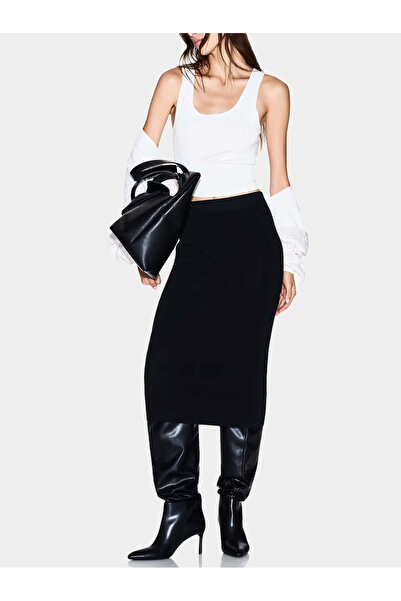 Armani Exchange Women's Ribbed Stretchy Knitted Fabric Slim Fit Midi Length Pencil Black Skirt Xw001302 Af10352-Uc001