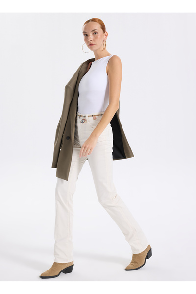 Armani Exchange Yüksek Bel Düz Paça Standart Ekru Kadın Denim Pantolon XW000072