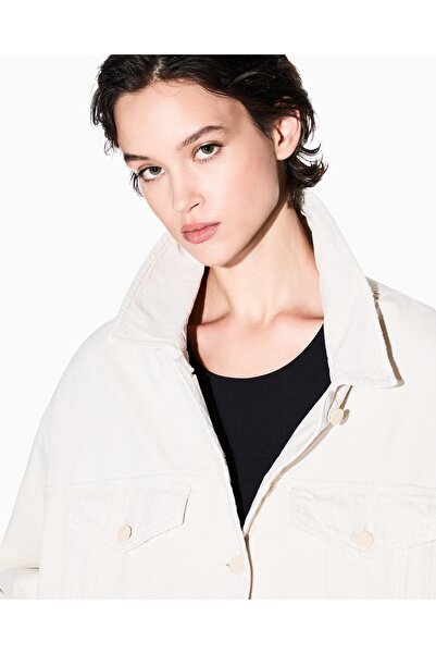 Armani Exchange Women's Relaxed Fit Pocket Detail Cotton Denim Ecru Jacket Xw001061 Af14494-U1051