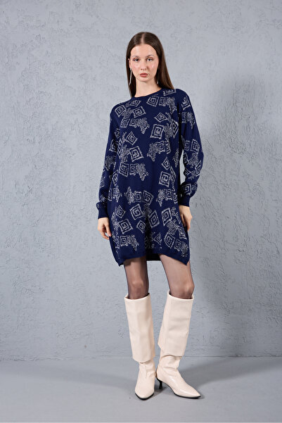 Moda Days Women's Dark Navy Side Slit Crew Neck Glitter Patterned Knitwear Blouse