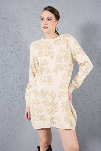 Moda Days Women's Ecru Yan Slit Crew Neck Glitter Patterned Knitwear Blouse