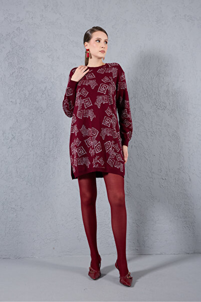Moda Days Women's Burgundy Yan Slit Crew Neck Glitter Patterned Knitwear Blouse