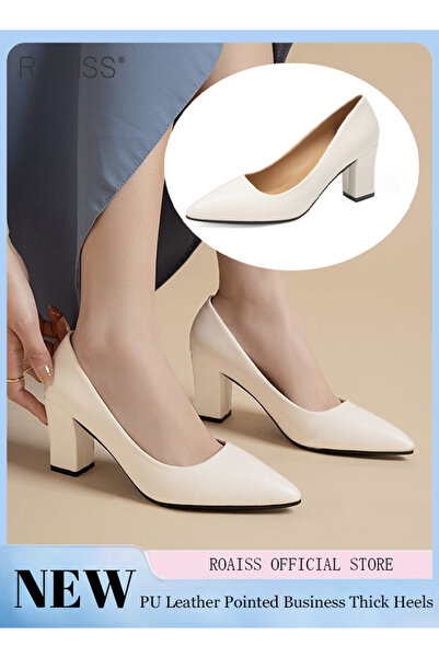 ROAISS Pointed Toe Covered Thick Heels Fashionable Classic Pu Leather Solid Color Shallow Cut Work Shoes 7C