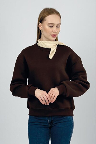 Betimoda Hanorac pentru femei basic din bumbac cu interior fleece și guler tricou maro