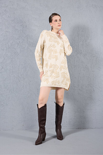 Moda Days Women's Ecru Yan Slit Crew Neck Glitter Patterned Knitwear Blouse