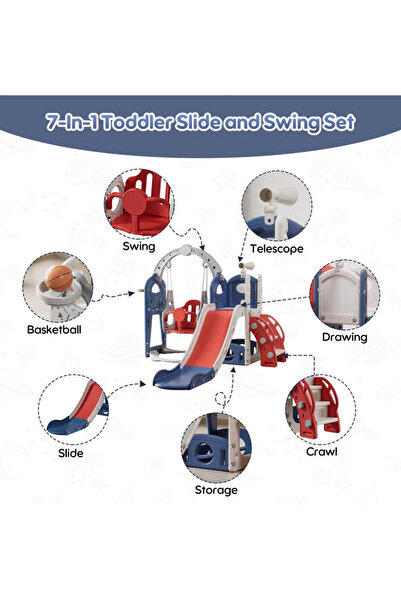 Venpara 7-in-1 Kids Slide, Swing & Climber Set, with Basketball, Telescope, Art Board & Storage
