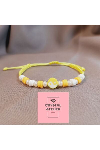 Crystal Atelier سوار يينغ يانغ الأصفر المصنوع يدويًا من المكرامية القابلة للت...
