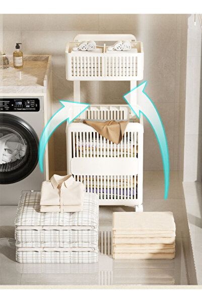 Generic Double Layer Laundry Basket With Wheels Foldable Household Dirty Clothes Basket Portable Storage