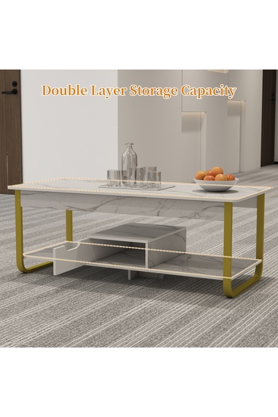 Venpara Modern Marble Coffee Table with Double Layer Storage Capacity & U-Shape Steel Frame