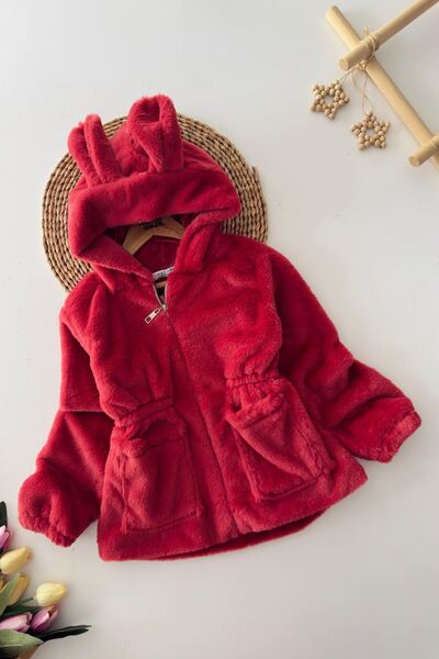 Minigimin Cicileri Miniğimin Cicileri Kulaklı Kapüşonlu Kız Çocuk Peluş Mont - Kırmızı