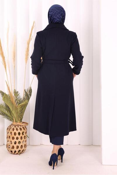 TRENDTESETTÜR Women's Navy Blue Belted Coat t 96007