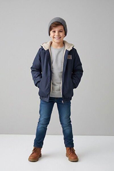 Minigimin Cicileri My Little One's Cicileri Classic Plush Lined Zippered Unisex Children's Transitional Coat - Navy Blue