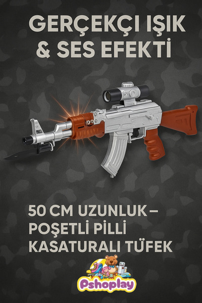 Pshoplay Işıklı ve Sesli Poşetli Pilli Oyuncak Tüfek – 50 cm Uzunluk, Gerçekç...