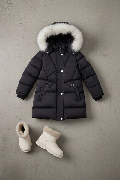 Minigimin Cicileri My Little One's Cicileri Fur Hooded Waterproof Inflatable Girl's Winter Coat - Black