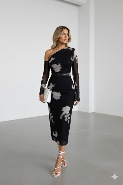 civetta One Shoulder Lined Patterned Tulle Evening Dress