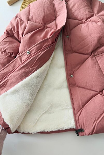 Minigimin Cicileri Miniğimin Cicileri Fur Hooded Stitch Patterned Puffy Girl's Coat - Dusty Rose