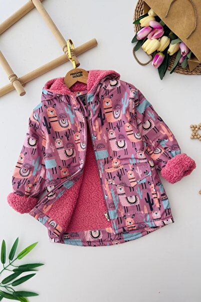 Minigimin Cicileri Palton de iarnă cu glugă și imprimeu Lama pentru fetițe, d...