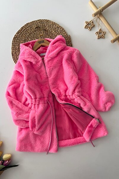 Marka My Little One's Plush Hooded Girl's Coat with Waist Tie Detail - Pink
