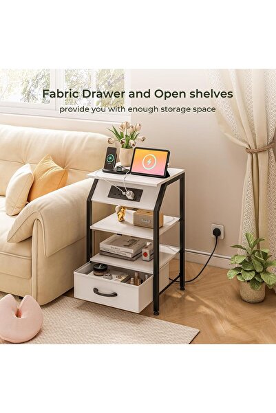 Venpara Bedside Table with Charging Station, Multifunctional Nightstand with Fabric Drawer & Adjustable Feet