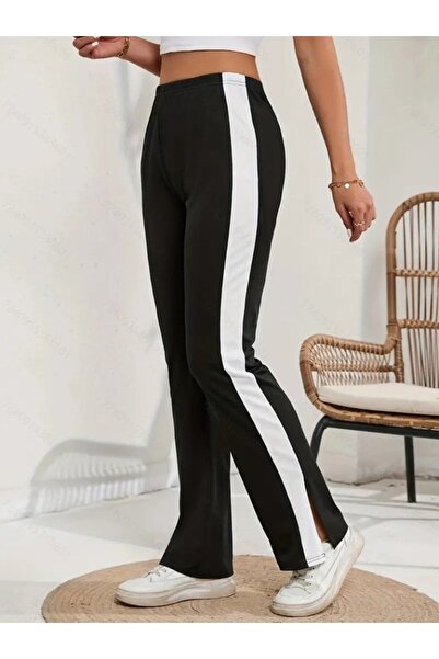 ALPACO Women's High Waist Side Striped Detail Slit Viscose Two Thread Pants