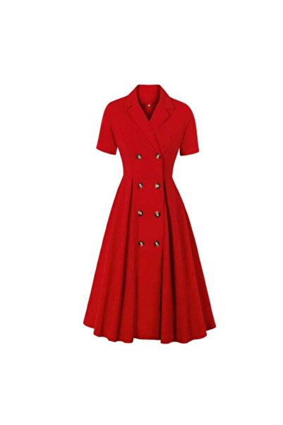 generi Elegant Button Detail Dress Red Work Casual Dress Cocktail Swing Dress