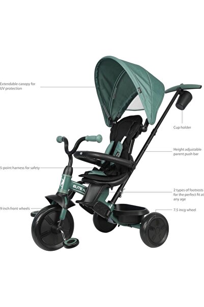 QPLAY Elite Platinum 6-in-1 Tricycle for Kids 10M-6Y+, 360° Rotating Seat, UPF50+ Canopy, Green