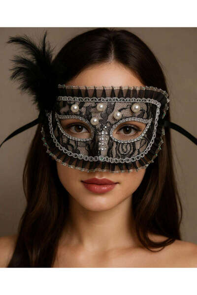 ZERO LAND Lvsqvr Black Color Side Feathered Pearl Embroidered Stone Lace Party Mask (80521) 17X12 cm