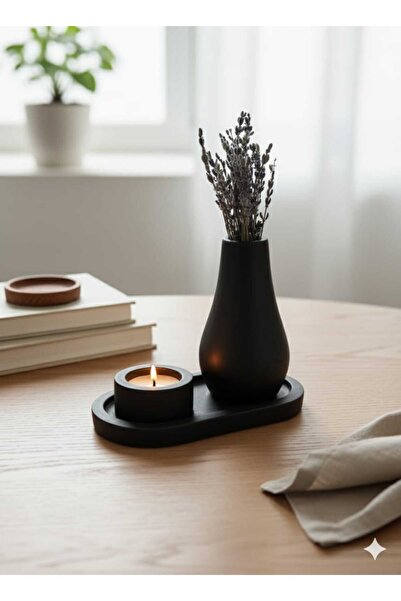 TACTIC Set decorativ negru de 3 - Set de vază și suport pentru lumânări minimal |   Produs elegant de decorare pentru casă și birou