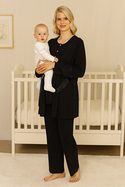 Miss Dünya Lissa Black Lace Detailed Long Sleeve Maternity and Postpartum Pajama Set Suitable for Breastfeeding